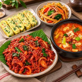 순수한반찬] 제육 볶음 정식 (제육볶음,목우촌햄어묵볶음,계란말이)