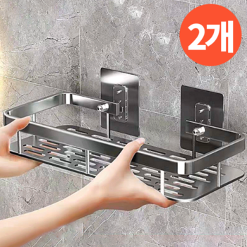 오어브랜드 클린&깔끔 무타공 욕실선반 2개, 일자형 실버, 2개