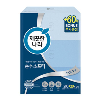 [깨끗한나라] 순수 소프티 미용티슈 200+20매x3입