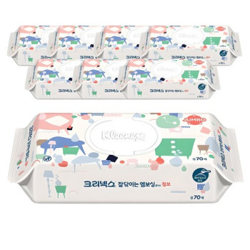크리넥스 잘닦이는 엠보싱 점보 물티슈 캡형, 70매, 8개