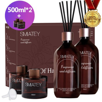 스미어티 프리미엄 실속형 500ML 대용량 실내디퓨저 2개+유리병 2개+섬유스틱 10p 실내방향제 집들이선물 집 화장실 방향제