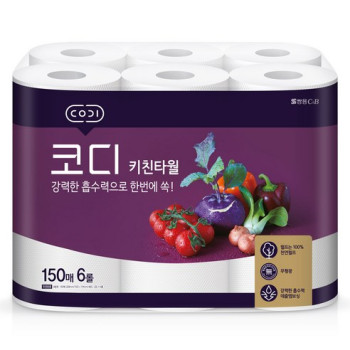 코디 아름드리 천연펄프 키친타올 150매, 6롤, 1개