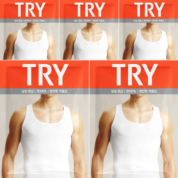 TRY 남성용 민소매런닝 5매 40수 순면 100% 트라이