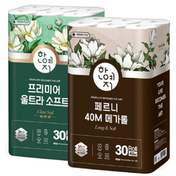 [딱! 7일 특가] [3040] 한예지 메가롤 3겹 40M 1팩+울트라소프트 3겹 30M 1팩 (총 2팩)