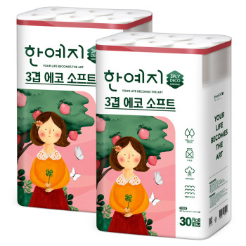 한예지 에코소프트 천연펄프 3겹 화장지 18M 30롤 (2팩)