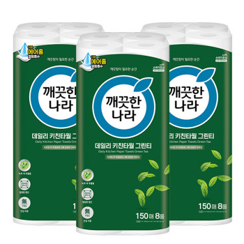 깨끗한나라 데일리 키친타올 그린티 150매 x 8롤 x 3팩