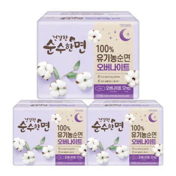 깨끗한나라 건강한 순수한면 유기농 순면 오버나이트(12P) 3팩