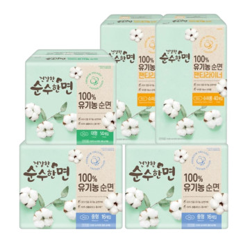 깨끗한나라 건강한 순수한면 유기농 순면 중형(16P) 2팩+대형(14P) 1팩+팬티라이너(40P) 2팩