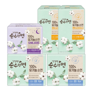깨끗한나라 건강한 순수한면 유기농 순면 중형(16P) 2팩+오버나이트(12P) 1팩+팬티라이너(40P) 2팩