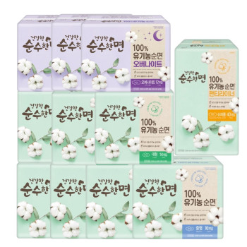 깨끗한나라 건강한 순수한면 유기농 순면 중형(16P) 4팩+대형(14P) 3팩+오버나이트(12P) 3팩+팬티라이너(40P) 1팩