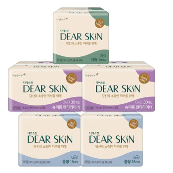 깨끗한나라 디어스킨 에어엠보 중형(16P) 2팩+ 대형(14P) 1팩+팬티라이너(30P) 2팩