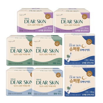 깨끗한나라 디어스킨 에어엠보 중형(16P) 2팩+ 대형(14P) 2팩+오버나이트(8P) 2팩+팬티라이너(30P) 2팩