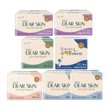 깨끗한나라 디어스킨 에어엠보 소형(18P) 1팩+중형(16P) 2팩+ 대형(14P) 1팩+오버나이트(8P) 1팩+팬티라이너(30P) 2팩