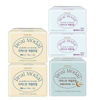 깨끗한나라 디어스킨 리얼모달 중형(16P) 2팩+오버나이트(8P) 1팩+팬티라이너(30P) 2팩