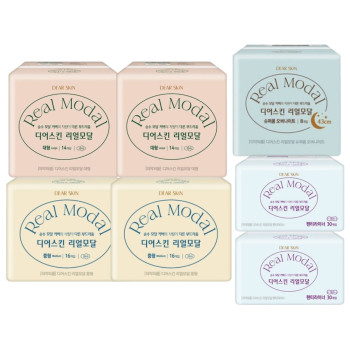 깨끗한나라 디어스킨 리얼모달 중형(16P) 2팩+대형(14P) 2팩+오버나이트(8P) 1팩+팬티라이너(30P) 2팩