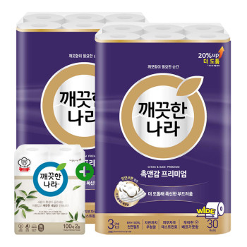 깨끗한나라 화장지 촉앤감 케어 30m 30롤 2팩 + 키친타올 100매 2롤