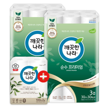 깨끗한나라 화장지 3겹 순수 프리미엄 30m 30롤 2팩 + 키친타올 100매 2롤