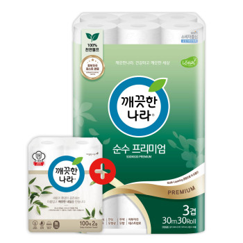깨끗한나라 화장지 3겹 순수 프리미엄 30m 30롤 1팩 + 키친타올 100매 2롤