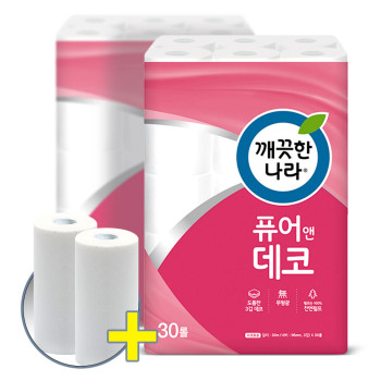 깨끗한나라 화장지 3겹 퓨어앤데코 30m 30롤 2팩 + 키친타올 100매 2롤