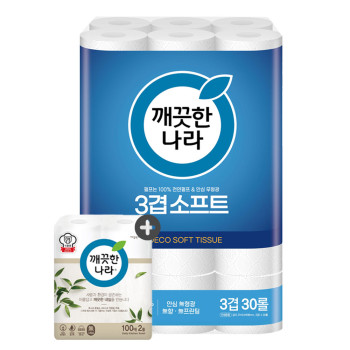 깨끗한나라 화장지 3겹 소프트 27m 30롤 1팩 + 키친타올 100매 2롤