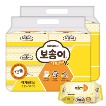 깨끗한나라 보솜이 안심물티슈 13무 60매 6입 (2팩, 4팩 선택 구성)