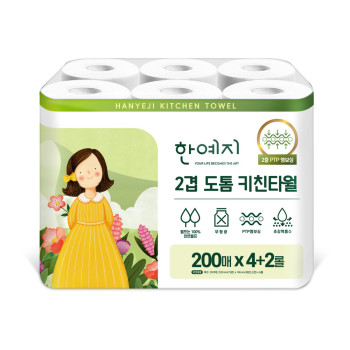 한예지 도톰 천연펄프 키친타올 200매 6롤 (1팩,2팩,3팩,4팩 선택 구성)