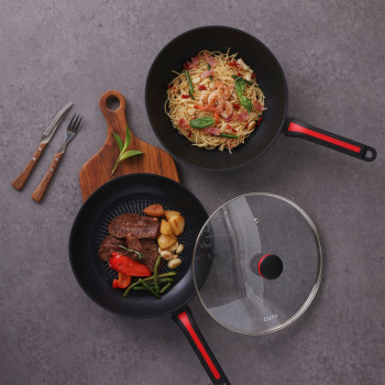 [쿠안] 레이디블랙 열센서 3종세트(28cm웍+28cm프라이팬+유리뚜껑28cm)