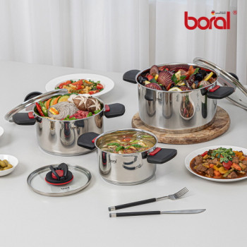 [보랄] 접이식 스텐 냄비세트 (양수 17cm, 21cm, 25cm + 유리뚜껑 3P) BR-FH06P