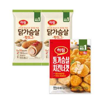 [하림] 닭가슴살 핫도그 450g 2개 + 통가슴살치킨너겟 500g 1개