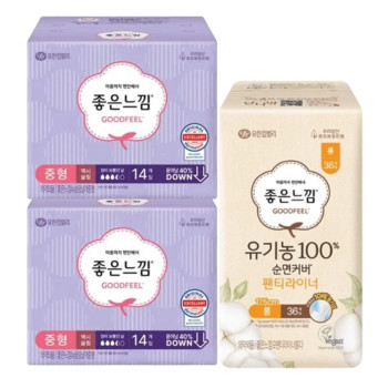 좋은느낌 생리대 오리지널 맥시슬림 중형(14P) 2팩+ 좋은느낌 유기농 순면 팬티라이너 롱(36P) 1팩