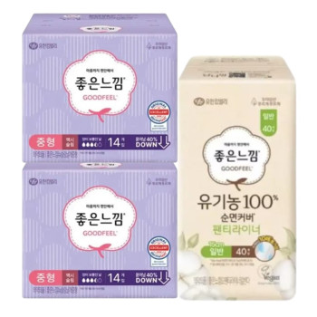 좋은느낌 생리대 오리지널 맥시슬림 중형(14P) 2팩+ 좋은느낌 유기농 순면 팬티라이너 일반(40P) 1팩