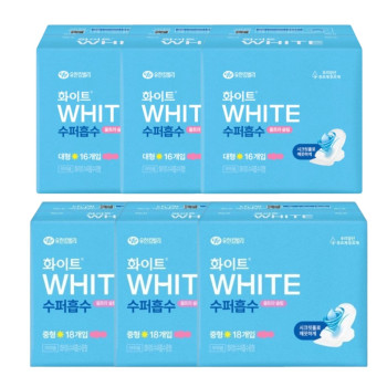 화이트 생리대 수퍼흡수 중형(18P) 3팩+대형(16P) 3팩
