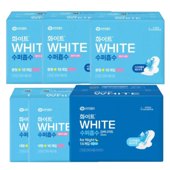 화이트 생리대 수퍼흡수 중형(18P) 3팩+대형(16P) 2팩+오버나이트(14P) 1팩