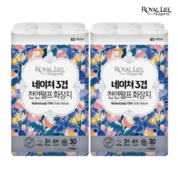[로얄라이프] 네이쳐 3겹 100% 천연펄프 27M 30롤 화장지 (2팩)