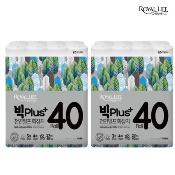 [로얄라이프] 40롤 천연펄프 빅PLUS 3겹 천연펄프 대용량 화장지 27M 40롤 (2팩)