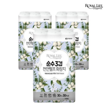 [로얄라이프] 순수 3겹 100% 천연펄프 화장지 30M 30롤(3팩)