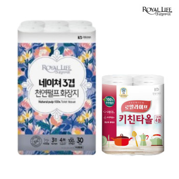 [로얄라이프] 네이쳐 3겹 27M 30롤 화장지 (1팩)+키친타올 130매 4롤(1팩)