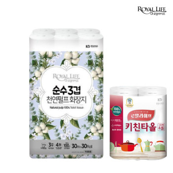 [딱! 7일 특가] (롤화장지+키친타올 구성)_로얄라이프 순수 3겹 30M 30롤 화장지 (1팩)+키친타올 130매 4롤(1팩)
