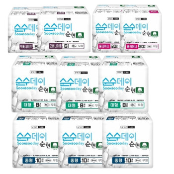 순수데이 순면 생리대 중형(10P) 3팩+대형(8P) 3팩+오버(6P) 2팩+롱라이너(20P) 2팩
