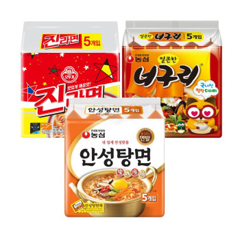 [봉지라면 멀티 3팩] 안성탕면 5개+진라면 매운맛 5개+너구리 얼큰한맛 5개