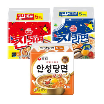 [봉지라면 멀티 3팩] 안성탕면 5개+진라면 매운맛 5개+진라면 순한맛 5개