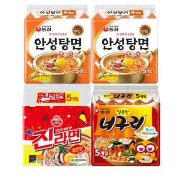 [봉지라면 멀티 4팩] 안성탕면 5개 (2팩) +진라면 매운맛 5개+너구리 얼큰한맛 5개