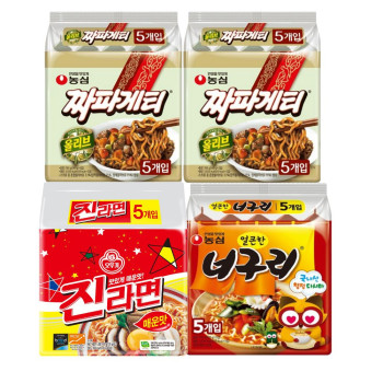 [봉지라면 멀티 4팩]짜파게티 5개 (2팩) +진라면 매운맛 5개+너구리 얼큰한맛 5개