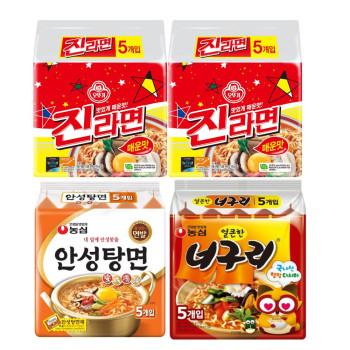 [봉지라면 멀티 4팩]진라면 매운맛 5개(2팩)+ 안성탕면 5개+너구리 얼큰한맛 5개